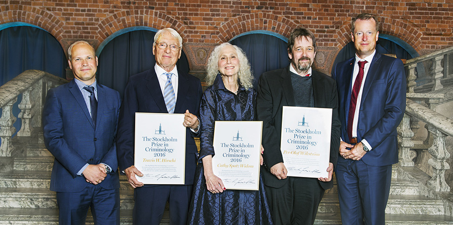 Former prize winners Travis Hirschi, Cathy Spatz Widom and Per-Olof Wikström with ministers Morgan Johansson and Anders Ygeman.